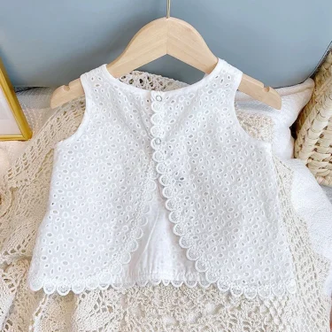 2PCS Kids Sets Summer Girl Clothes Children Hollow Lace Sleeveless Tops Shorts Set Fashion Baby Girl Cardigan Fake Two Suit 4