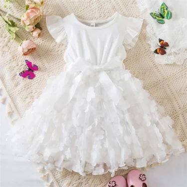 New Summer Dress for Baby Girls 2-6 Years 3D Butterfly Fly Sleeves Kids Birthday Princess Dress Elegant Wedding Party Dress 1