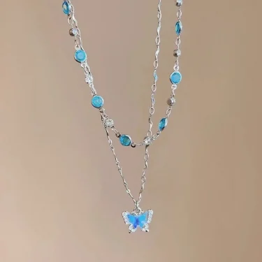 LATS Romantic Blue Crystal Butterfly Necklace for Women Girls Simple Shiny Zircon Bilayer Choker Clavicle Chain New Fine Jewelry 6