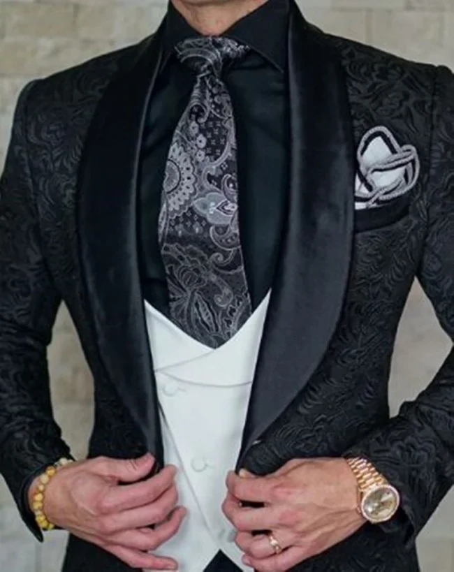 Costume Homme Jacquard Men Suits Shawl Lapel Business Wedding Tuxedos Slim Fit Groom Blazer Vest Pants for Prom Party 3 Pieces 2