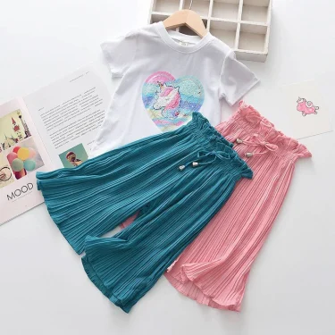 2 3 4 5 6 7 8 Years Summer Girls Clothing Sets New Cotton Fashion Short Sleeved+Wide Leg Pants Casual Two Piece Set Kids Clothes 3