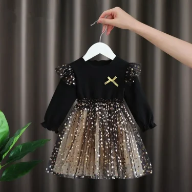Spring Summer Kid's Clothes Girls Long Sleeve A-line Dresses 1-6 Years Star Sequin Mesh Patchwork Princess Dress 1