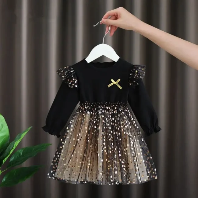 Spring Summer Kid's Clothes Girls Long Sleeve A-line Dresses 1-6 Years Star Sequin Mesh Patchwork Princess Dress 1