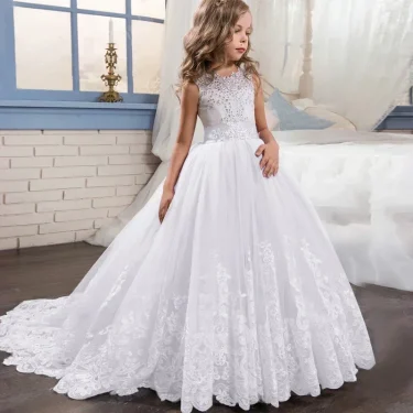 6-14 Years Lace Tulle Flower Girl Dresses Flower Bows Children First Communion Ball Gown Wedding Party Bridesmaid Dress for Kids 2