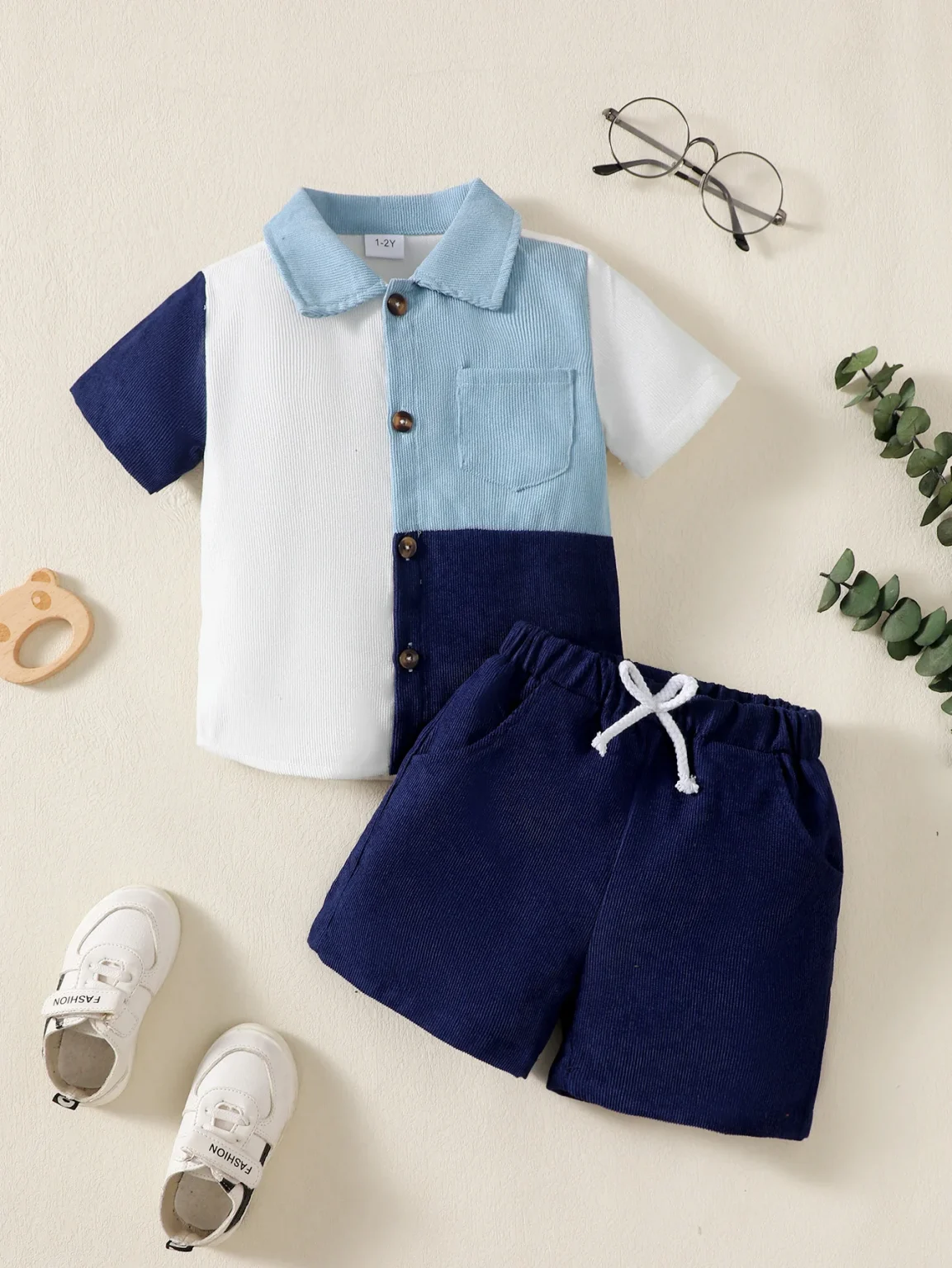 1-6 Year Children Boys' Flip collar Color Blocked Pit Stripe Top+Shorts Fashion 2Pcs /set Sunny Handsome Boys' Summer Set 1
