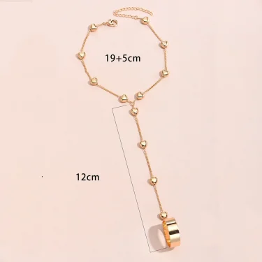Simple Heart Pendant Chain Bracelet Link Connected Gold plated Wide Finger Ring Bracelets for Women Link Hand Harness Jewelry 4