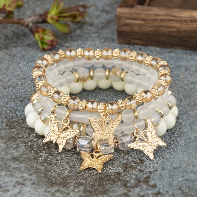4Pcs Bohemia Butterfly Charm Bracelet Set For Women Acrylic Beads Elastic Chain Bangle Men Wristband Fashion Party Jewelry Gift 3