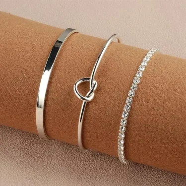 3pcs Stainless Steel Stack Cuff Bracelets for Women 14K Silver Plated Adjustable Jewelry Gifts Luxury CZ Chain Love Knot Bangles 4