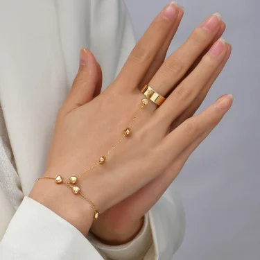 Simple Heart Pendant Chain Bracelet Link Connected Gold plated Wide Finger Ring Bracelets for Women Link Hand Harness Jewelry 3