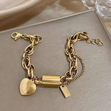 Heart Lock Stainless Steel Charm Bracelet Chunky Gold Plated Chain Love Bracelets Christmas Valentine Gift 4