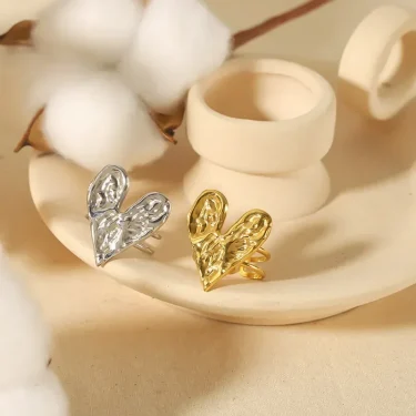 Stainless Steel Hammer Pattern Big Heart Opening Golden Ring for Women Fashion Accessories Texture Design Jewelry Birthday Gifts 4