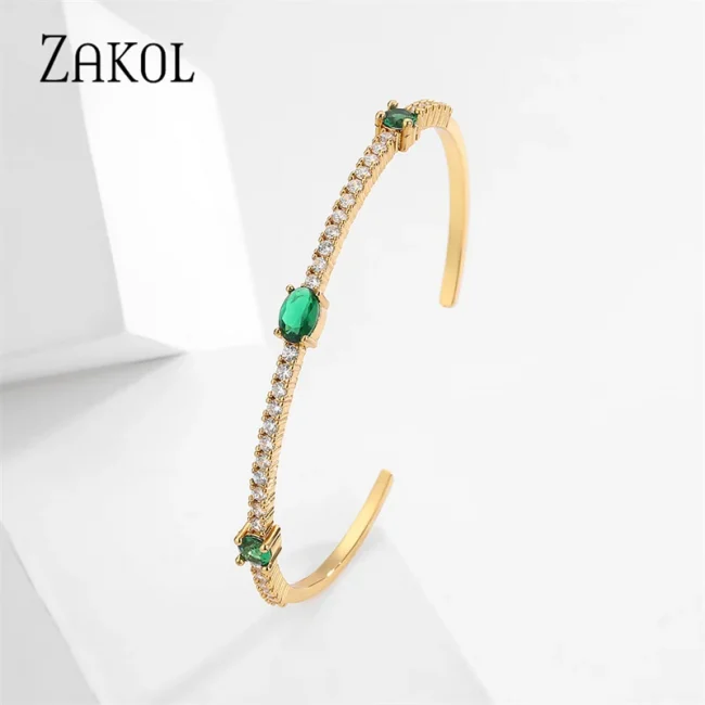 ZAKOL Fashion Green Zircon Cuff Bangles Bracelet for Women Oval Cubic Zirconia Gold Color Bracelets Christmas Party Jewelry 4