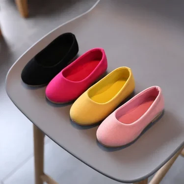 Girls Flat Leather Shoes Kids Casual Flats Candy Color Slip-on Loafers Flock Fabric Simple Chic Princess Children's Black Shoes 1