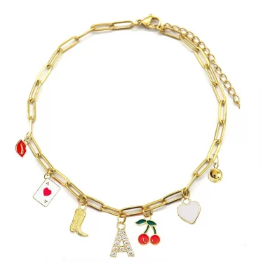 Enamel Red Lips Cherry Boot Letter Charm Bracelet Gold Plated Stainless Steel Chain Bracelets For Women Girls Cowgirl Jewelry 3