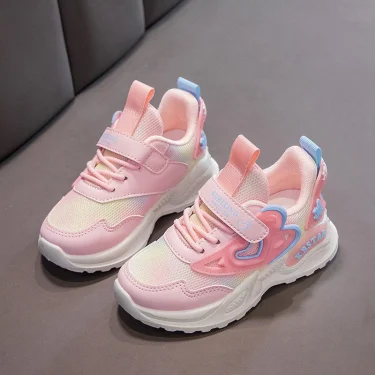 Girls Sports Shoes Kids Running Shoes Pink Breathable Air Mesh Heart Sweet Sneakers Cute Hook & Loop Children's Casual Shoes 6