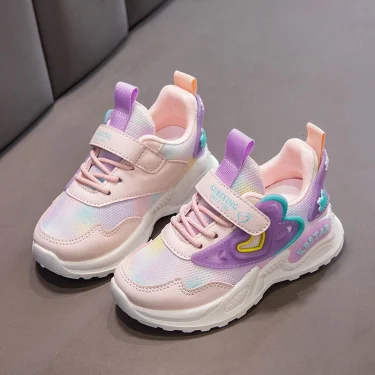 Girls Sports Shoes Kids Running Shoes Pink Breathable Air Mesh Heart Sweet Sneakers Cute Hook & Loop Children's Casual Shoes 5