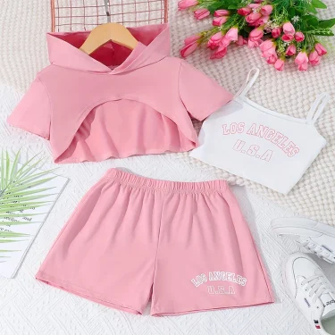 Three Piece Summer Girl Cute Letter Print Double Shoulder Suspender Jacket Shorts Princess Casual Daily Birthday Party Dress 1