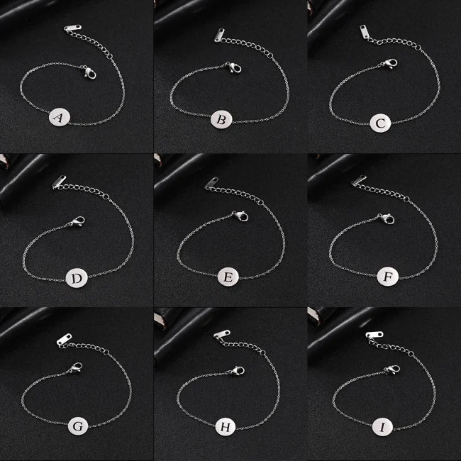Hollow Alphabet A-Z Round Pendant Bracelets Stainless Steel Bracelets for Men Women Trend Jewelry for Party Gift (17+5CM) 2