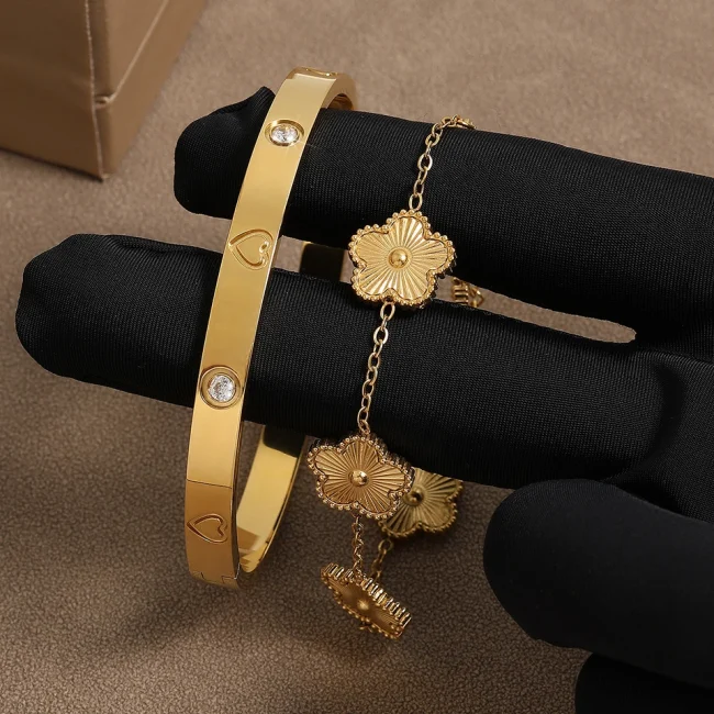 RAKOL Gold Color Stainless Steel Hot Selling Plumbossom Bangles For Women Luxury Five Leaf Flower Bracelet Bangle Jewelry Gift 3