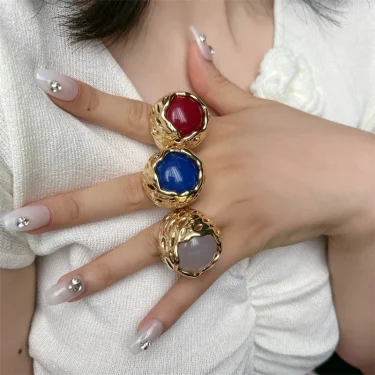 XIALUOKE Vintage Metal Geometric Hollow Round Natural Stone Ring For Women Personality Open Ring Party Wedding Jewelry 4