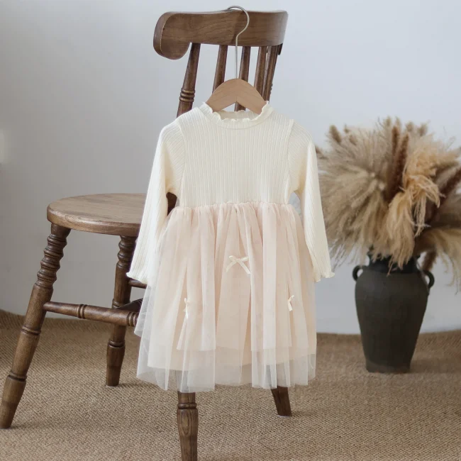 Autumn and Winter Fashion Toddler Girls Long Sleeve Mesh dress Pit Strip Ear Edge Bow Mesh Autumn and Winter dress Princess Gift 4