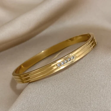 Minimalist Glossy Stainless Steel Bracelet for Women Simple Trendy Inlaid Rhinestone Gold Silver Color Wrist Bangle Jewelry Gift 2
