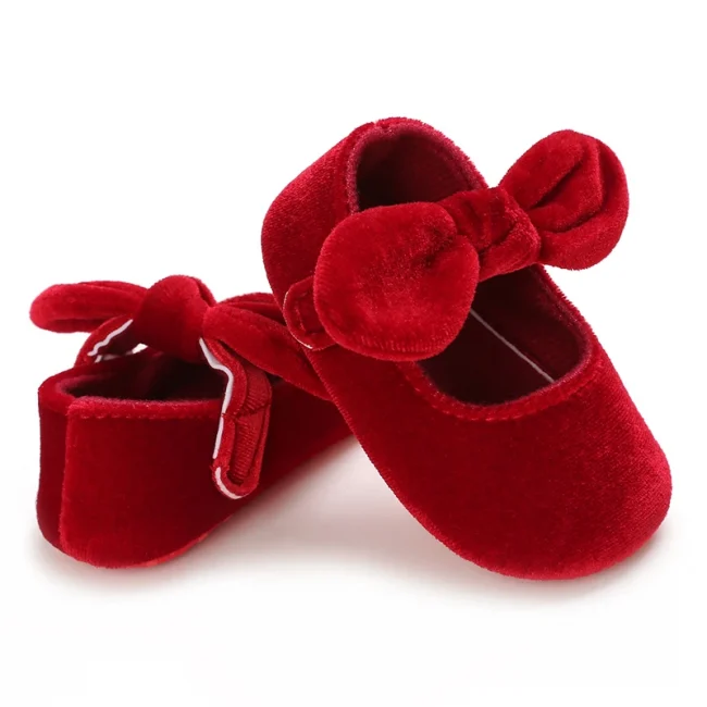 Newborn Infant Baby Girls Shoes Velvet Red Christmas 0-18M Princess Girl Baby Shoes Bow First Walkers 4