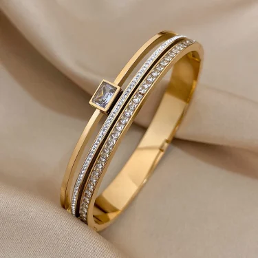 Luxury Stainless Steel Cuff Bracelet For Women Mens Gold Silver Color Couple Bracelets Green White Rhinestone Wide Bangle Gift 3