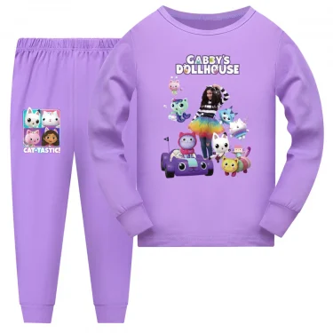 Gabby Doolhouse Pijama Kids Cartoon Gabby Chat Clothes Baby Girls Long Sleeve Tops Pants 2pcs Sets Children's Casual Sleepwear 1