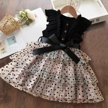 Baby Girl Flying Sleeves Knitted Dress Kids Polka Dot Mesh Dress Girl Princess Cake Dress Kids Elegant Black Dress for 2-6 Years 1