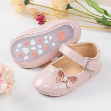 KIDSUN Baby Shoes Newborn Girl Princess PU Toddler Shoes Bow Decor Rubber Sole Anti-Slip First Walker Shoes 0-18M 3