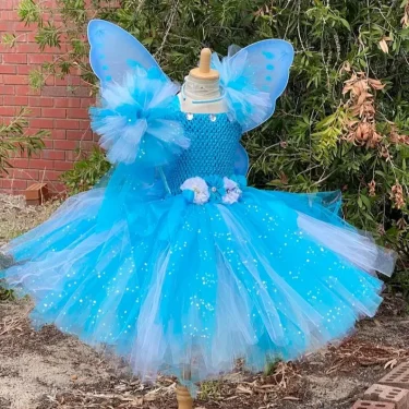 Girls Blue White Glitter Tutu Dress Kids Flower Fairy Dress with Butterfly Wing Stick Children Party Costume Princess Dresses 2