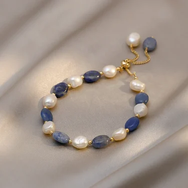 Vintage Sky Blue Natural Stone Natural Pearl Luxury Bracelet for Woman New Stainless Steel Cuff Bracelet Fashion Jewelry Gift 2
