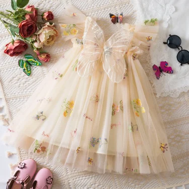 New Baby Girls Floral Dress Butterfly Fairy Tulle Embroidery Princess Dress 1-5Y Kids Dress Cute Baby Birthday Party Dress 1