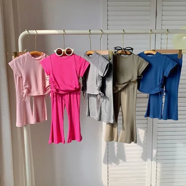 2-8 Years Old Solid Color Fashionable Casual Girl Drawstring Short Sleeved+Flared Pants Two-Piece Set Children Sets Summer 2