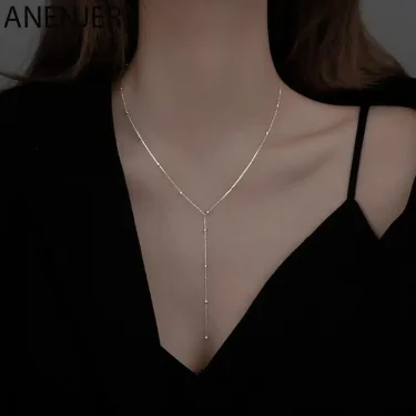 ANENJERY Silver Color Beads Chain Necklace for Women Simple Long Tassel Clavicle Chain Party Jewelry 1