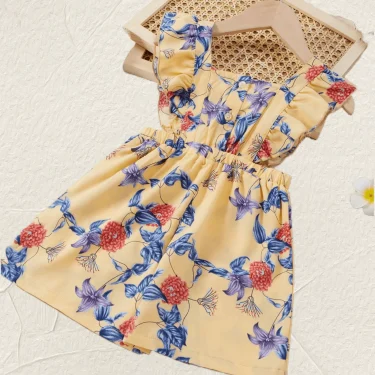 Summer girls conservative commute less sook flower print lace camisole yellow square collar pleated elastic romper 2
