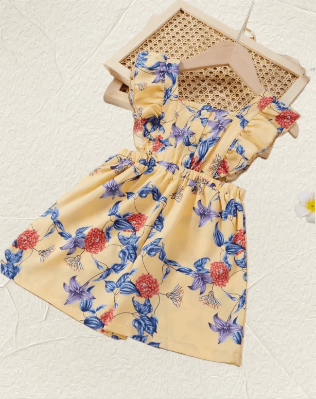 Summer girls conservative commute less sook flower print lace camisole yellow square collar pleated elastic romper 2