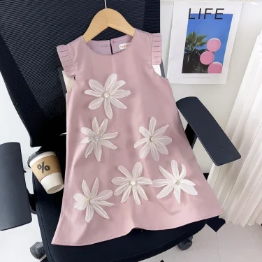 Kids Dresses for Girls 3D White Flower Princess Dress Girls' Pink Clothes Summer New Casual Vest Dress Flower Girl Dresses 2