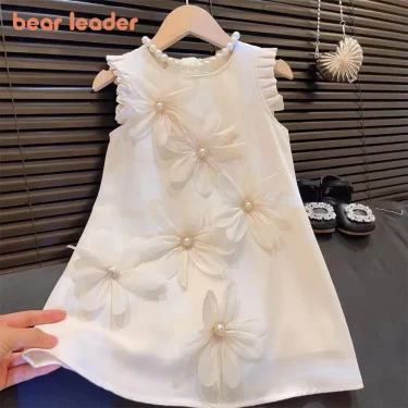 Bear Leader 2-7 Year Old Children's Wedding Birthday Party Clothing Summer Girl Princess Beige 3D Flower Tank Top Dress 1