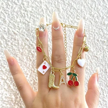 Enamel Red Lips Cherry Boot Letter Charm Bracelet Gold Plated Stainless Steel Chain Bracelets For Women Girls Cowgirl Jewelry 1
