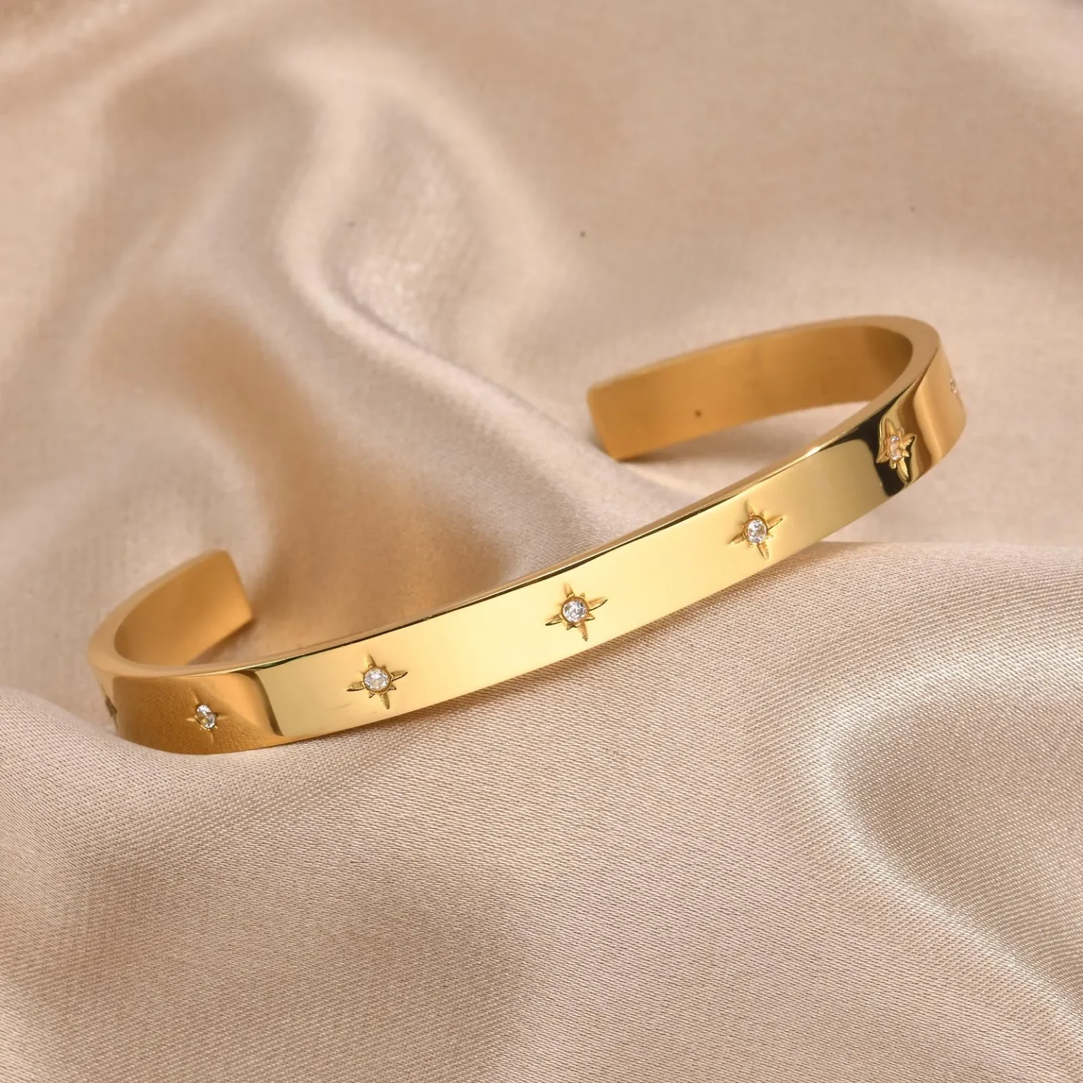 Open Adjustable Star Starburst Cuff Bangle Bracelet for Women Stainless Steel Cubic Zirconia Inlay Charm Layered Jewelry 1