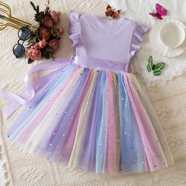 New Girls Dress for Sequins Birthday 1-5Y Toddler Girls Rainbow Tulle Dress Sweet Kids Princess Dress for Girls 2025 Summer Wear 6