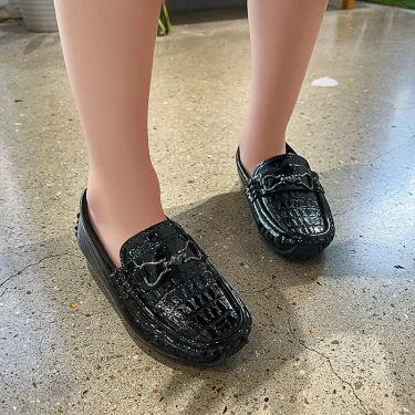 Boys Leather Shoes Round-toe Flat Soft Kids Fashion Casual Loafers Glossy Metal Buckle Children Moccasins Non-slip Britain Style 6