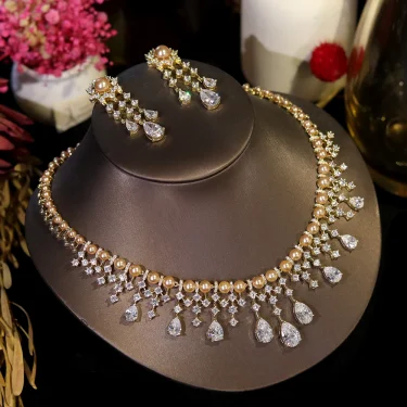 ASNORA Cubic Zirconia Imitation Golden Pearls Jewellery Set Bridal Wedding CZ Necklace for Brides conjuntos femininos elegantes 5
