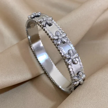 Stainless Steel Bubble Flower Bracelet with Rhinestones for Women Cuff Bangles Waterproof Stackable Party Jewelry Accessories 3