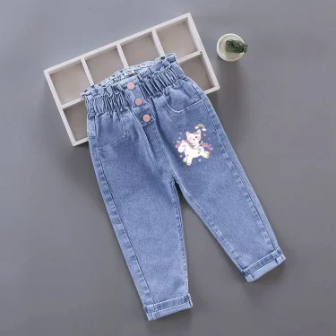 Winter Baby Girls Plush Denim Pants Toddler Kids Cartoon Butterfly Printing Jeans Children Fashion Leisure Keep WarmTrousers1-6Y 4
