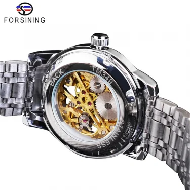 Forsining 349 Men Hand Wind Watch Round Skeleton Stainless Steel Mechanical Business Clock Relogio Masculino Erkek Kol Saati 5