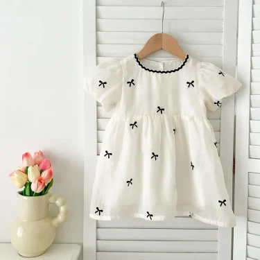 Kids Dress 1-6Yrs Princess Girls Lace Dress Embroidered Bow Summer Girl Cotton Breathable Children Costumes Casual Toddler Dress 3
