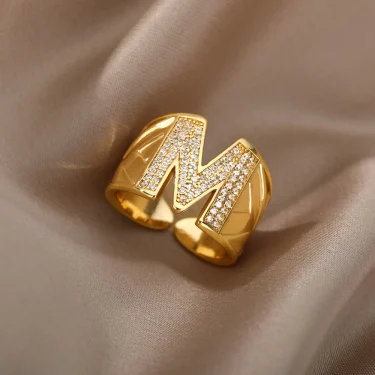 Chunky Wide Zircon Initial Letter Rings For Women Stainless Steel Opening Finger Ring Hip Hop Minimalist Jewelry Gift Femme 2